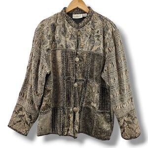 Flashback Patchwork Embroidered Jacket Womens XL Beige Black Textured Boho Artsy